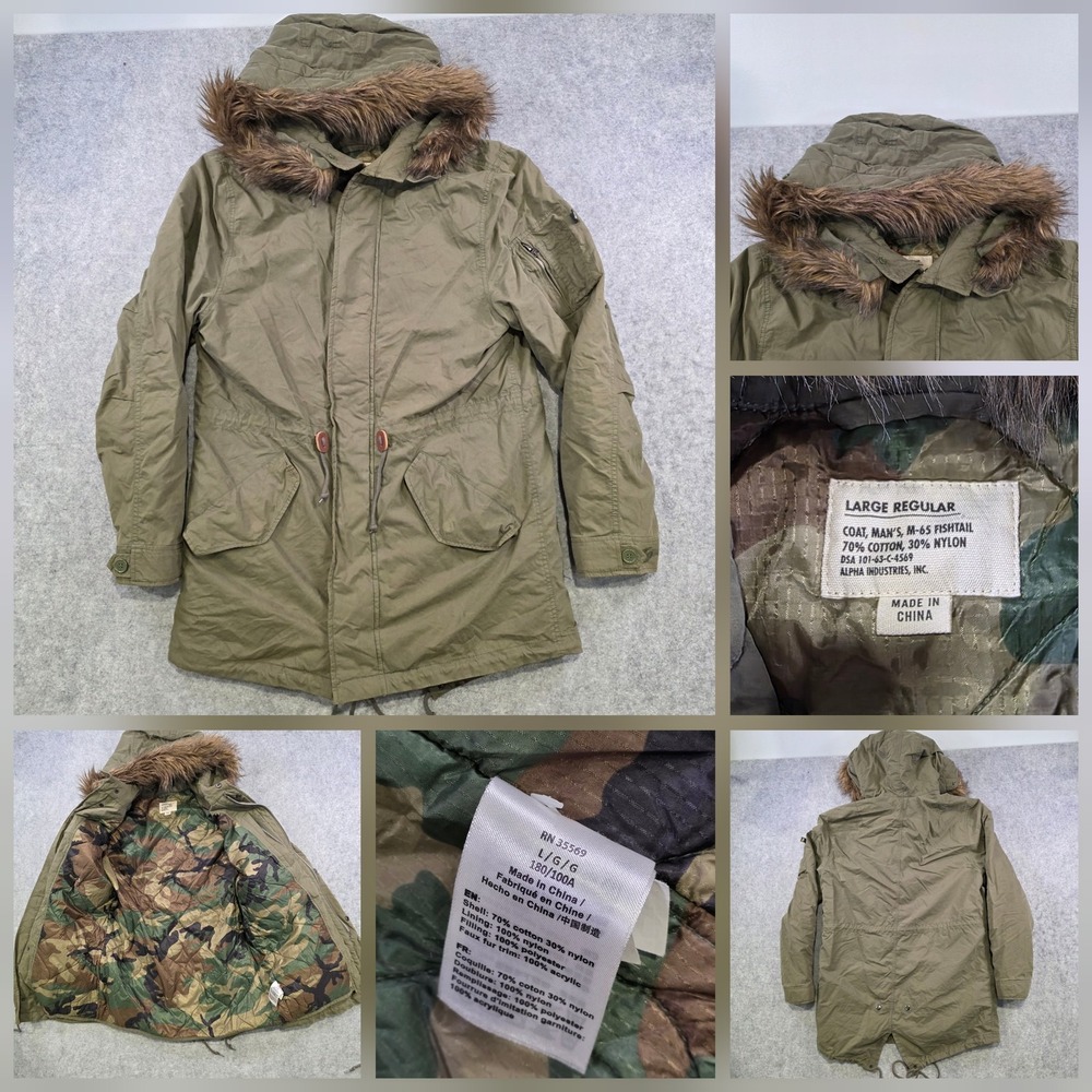 Alpha Industries Coat Mens Large Green M-65 Fishtail Parka Hooded‎ Lined Camo